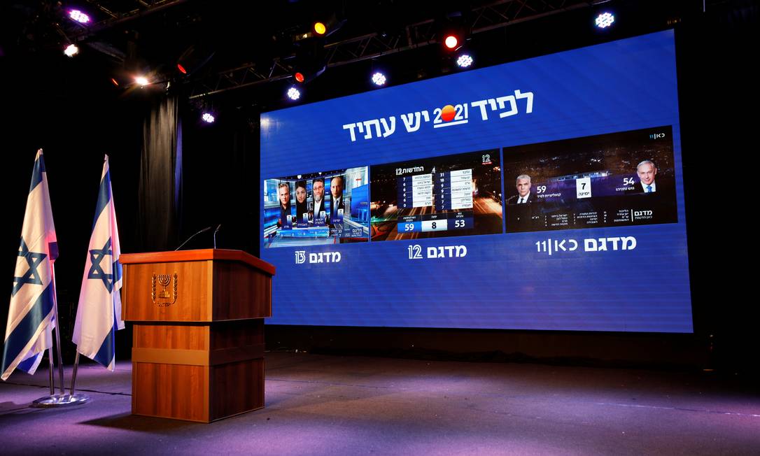 Resultados das pesquisas de boca de urna no comitê de campanha de Yair Lapid, em Tel Aviv Foto: AMIR COHEN / REUTERS