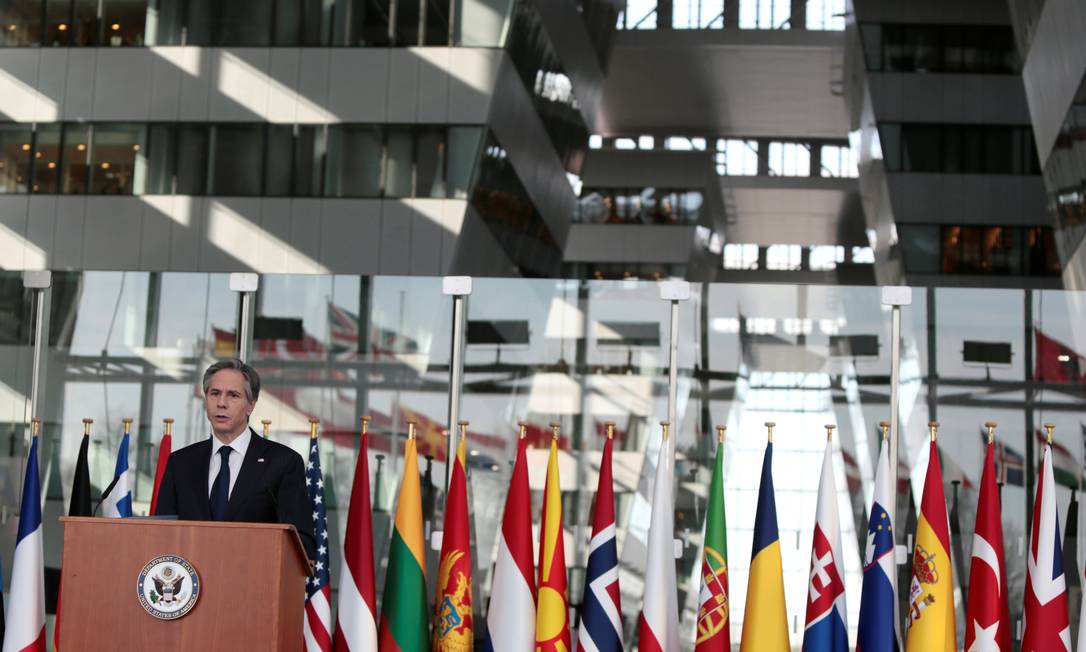 Secretário de Estado, Antony Blinken, durante discurso na sede da Otan, em Bruxelas Foto: POOL / REUTERS