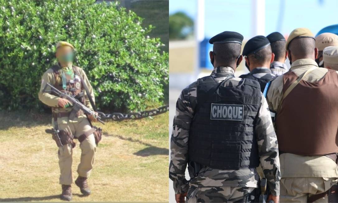 Soldado da PM (à esquerda) foi cercado e neutralizado por agentes do Bope (à direita) no Farol da Barra Foto: Reprodução e Divulgação/SSP-BA