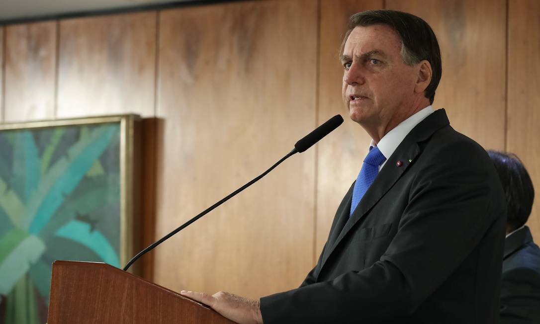 O presidente Jair Bolsonaro discursa durante cerimônia no Palácio do Planalto Foto: Marcos Corrêa / Presidência da República