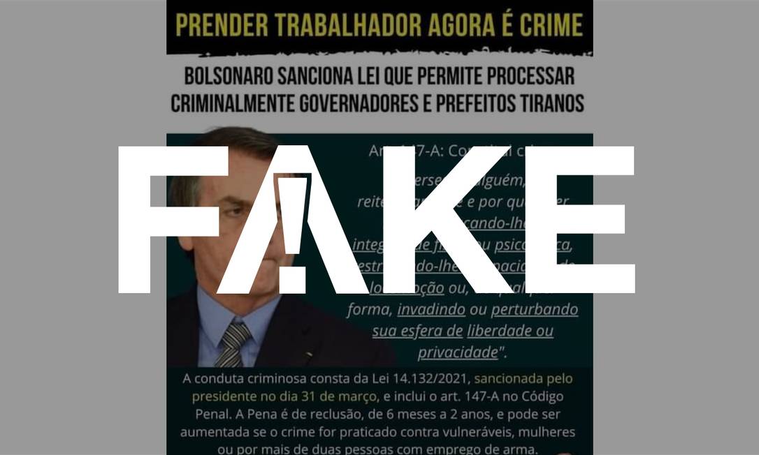É #FAKE que lei sancionada por Bolsonaro permite processar governadores e prefeitos por medidas de restrição contra a Covid-19 Foto: Reprodução