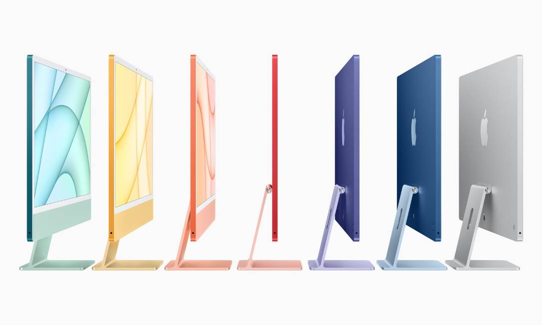 Apple lança nova linha de Macs. As novas versões da máquina possuem sete cores variadas e novo design - mais fino e com leve inclinação. Foto: Divulgação