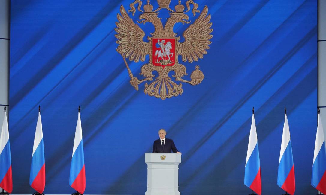 Presidente da Rússia, Vladimir Putin, durante seu discurso anual sobre o Estado da União Foto: MIKHAIL KLIMENTYEV / AFP