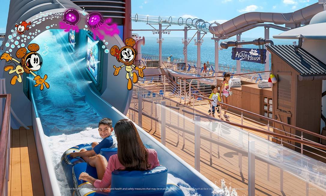 Projeção de como será a montanha-russa aquática AquaMouse, no navio Disney Wish Foto: Disney Cruise Line / Divulgação