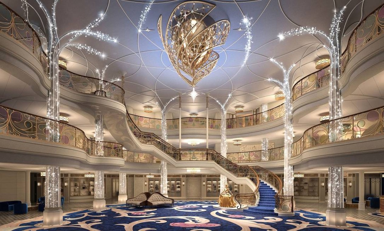 Grand Hall, o átrium principal do navio Disney Wish, terá tema de contos de fada e estátua da Cinderela Foto: Disney Cruise Line / Divulgação