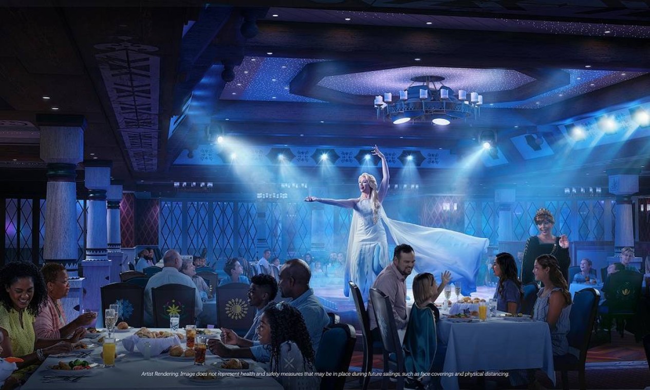 Desenho mostra como deverá ser o jantar teatral "Arendelle: A Frozen Dining Adventure", com personagens de "Frozen" uma das novidades do navio Disney Wish Foto: Disney Cruise Line / Divulgação