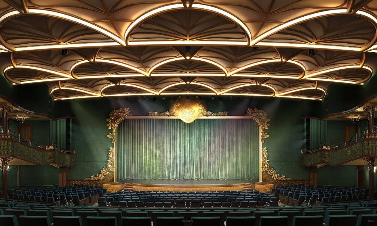 Com capacidade para mais de 1.200 pessoas, o Walt Disney Theatre terá programação diária de musicais a bordo do Disney Wish Foto: Disney Cruise Line / Divulgação