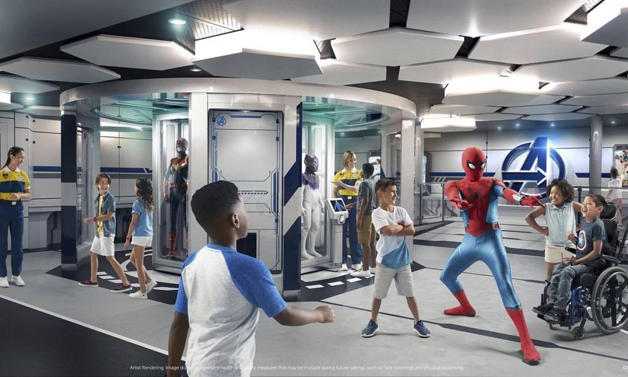 Personagens como Homem-Aranha e Pantera Negra vão interagir com meninos e meninas no Marvel Super Hero Academy, mais uma atração do Oceaneer Club, a bordo do Disney Wish Foto: Disney Cruise Line / Divulgação
