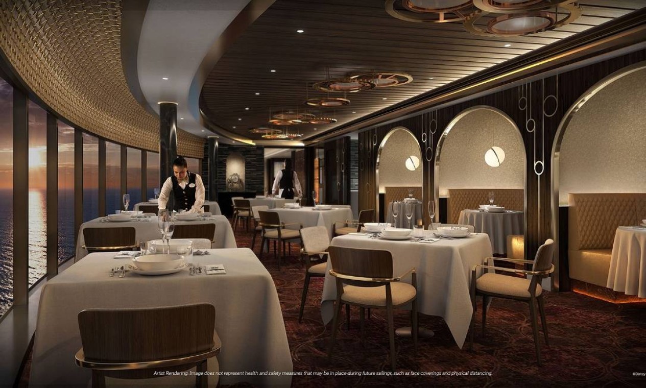 O Palo Steakhouse é uma das três opções gastronômicas apenas para adultos e inspiradas em 'A bela e a fera' a bordo do Disney Wish Foto: Disney Cruise Line / Divulgação