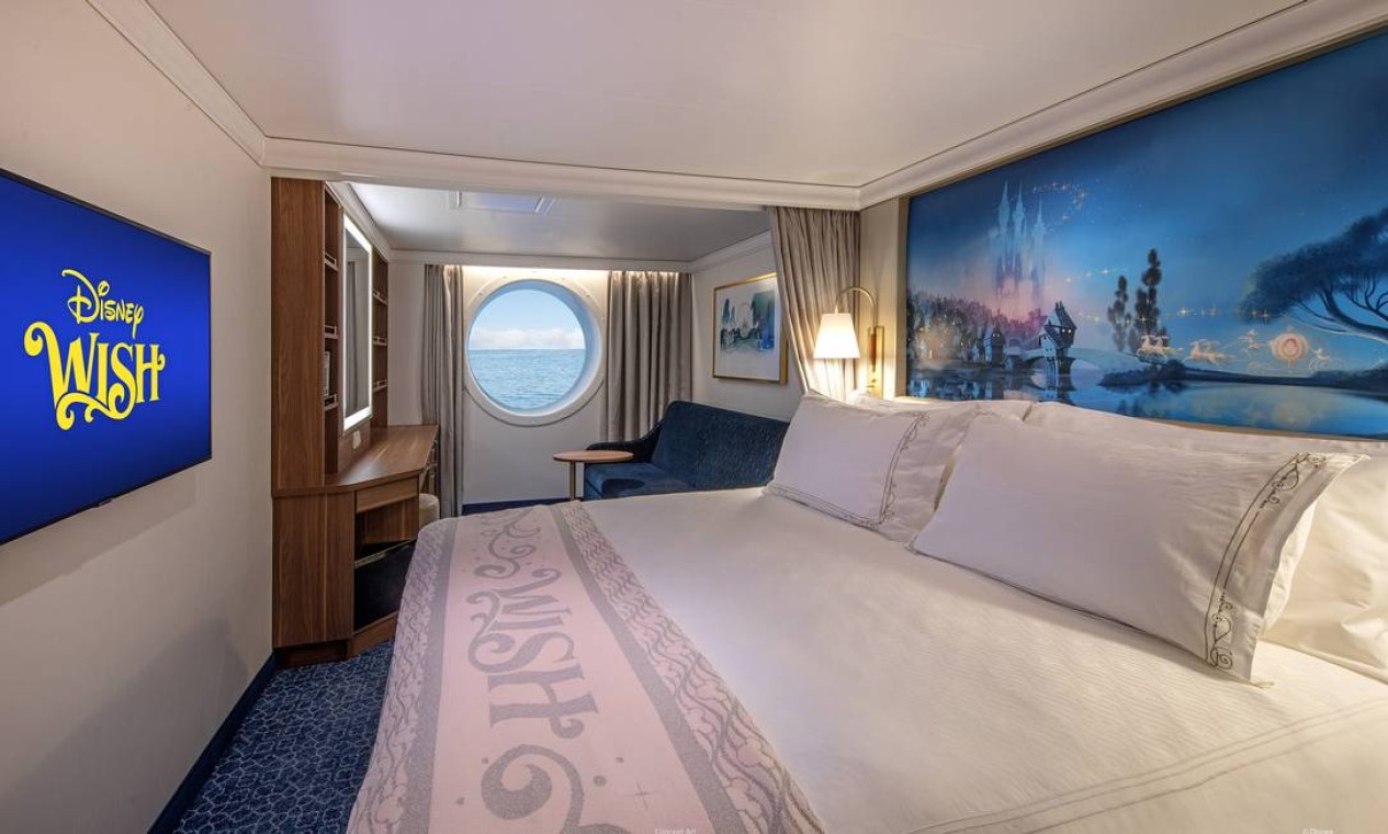 O Disney Wish terá 1.254 cabines, 90% delas com alguma vista para o mar, como esta, que conta com uma janela em forma de escotilha Foto: INGRID FIEBAK KREMER / Disney Cruise Line / Divulgação