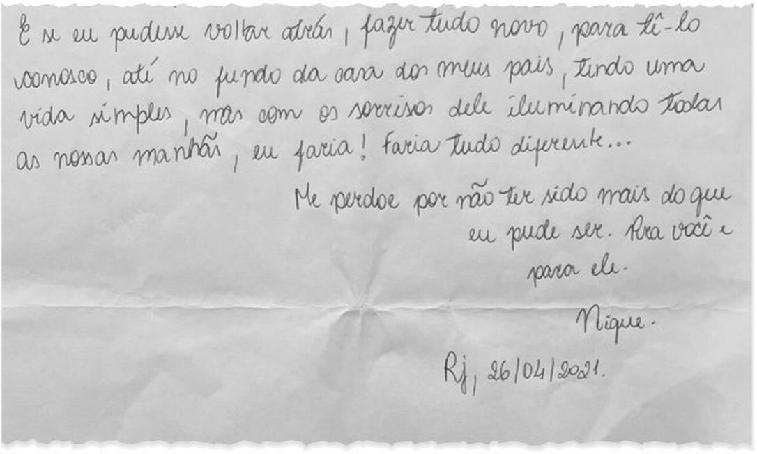 Mãe de Henry divulga carta pedindo perdão ao pai do menino, morto no início de março Foto: Arquivo pessoal