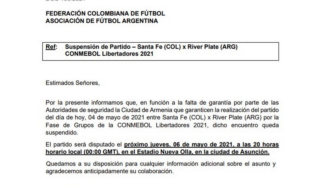 Nota oficial da Conmebol confirmando o reagendamento das partidas para quinta-feira Foto: Conmebol