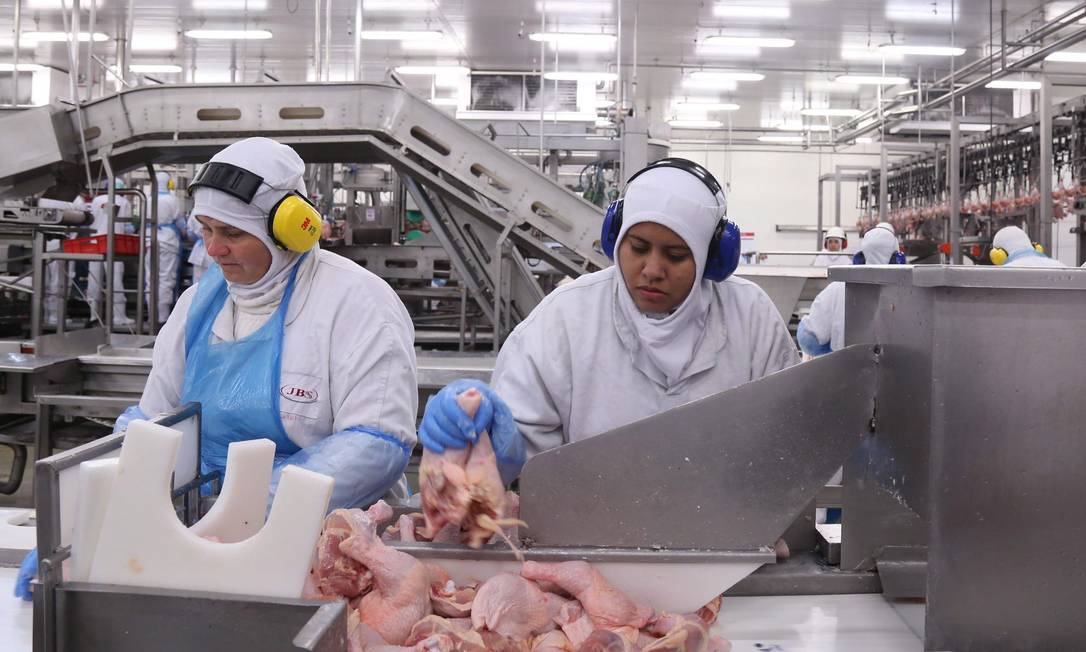 Linha de processamento de aves em unidade da JBS, no Paraná: Brasil vai recorrer à OMC contra a Arábia Saudita por barreiras impostas pelo país às exportações brasileiras de frango Foto: André Coelho / Agência O Globo