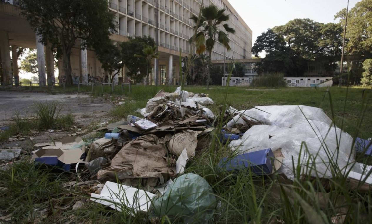 Lixo acumulado ao lado do prédio da reitoria da UFRJ do Fundão Foto: Márcia Foletto / Agência O Globo