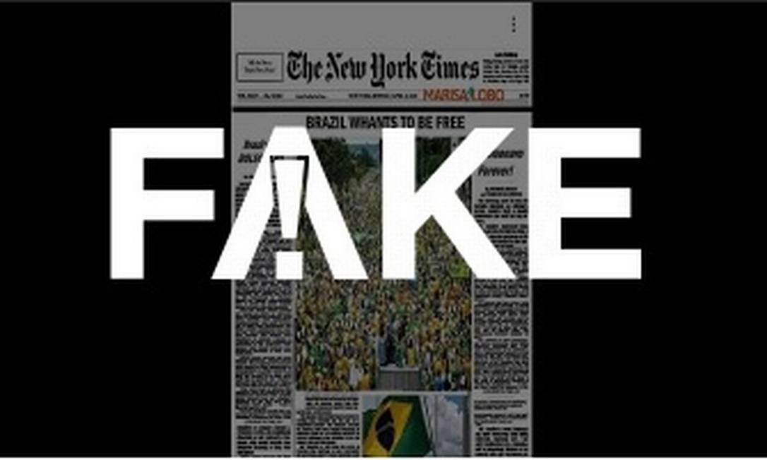 É #FAKE capa do New York Times enaltecendo atos pró-Bolsonaro no Dia do Trabalho Foto: Reprodução