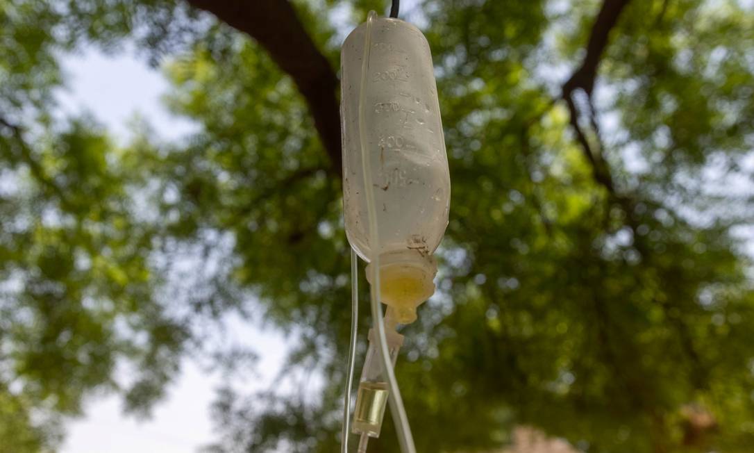 Bolsas de soro intravenoso penduradas em galhos – acredita-se que sob a árvore a oxigenação possa ser melhor, apesar de não haver evidência científica a respeito Foto: DANISH SIDDIQUI / REUTERS