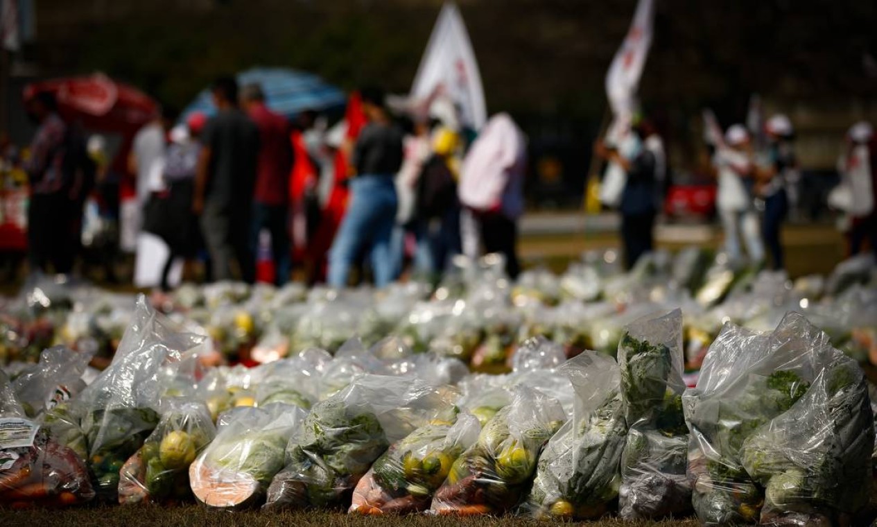 Com alimentos ensacados, manifestantes escreveram 600 – valor do auxílio emergencial aprovado pelo Congresso Nacional no ano passado Foto: Pablo Jacob / Agência O Globo