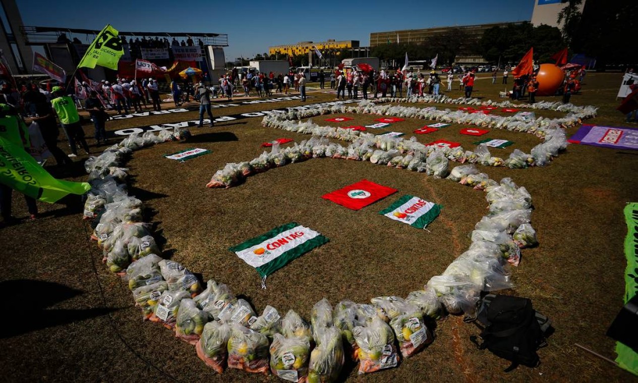Com alimentos ensacados, manifestantes escreveram 600 – valor do auxílio emergencial aprovado pelo Congresso Nacional no ano passado Foto: Pablo Jacob / Agência O Globo