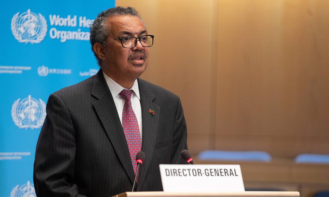 O Diretor Geral da Organização Mundial da Saúde (OMS), Tedros Adhanom Ghebreyesus, em fala durante a Assembleia Mundial da Saúde em meio à pandemia da Covid-19, em Genebra, Suíça, 24 de maio de 2021 Foto: CHRISTOPHER BLACK/WHO / via REUTERS