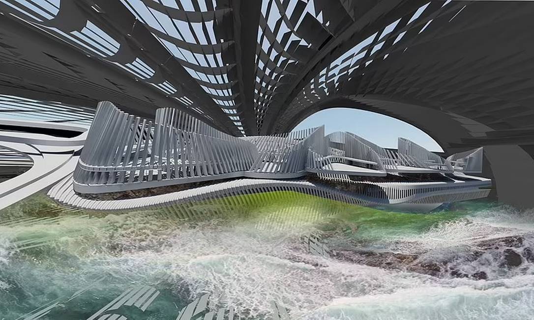 Desenho mostra como serão as linhas futuristas do Recycled Ocean Plastic Resort, um hotel flutuante no Oceano Índico que pretende reutilizar o lixo descartado no mar Foto: Reprodução