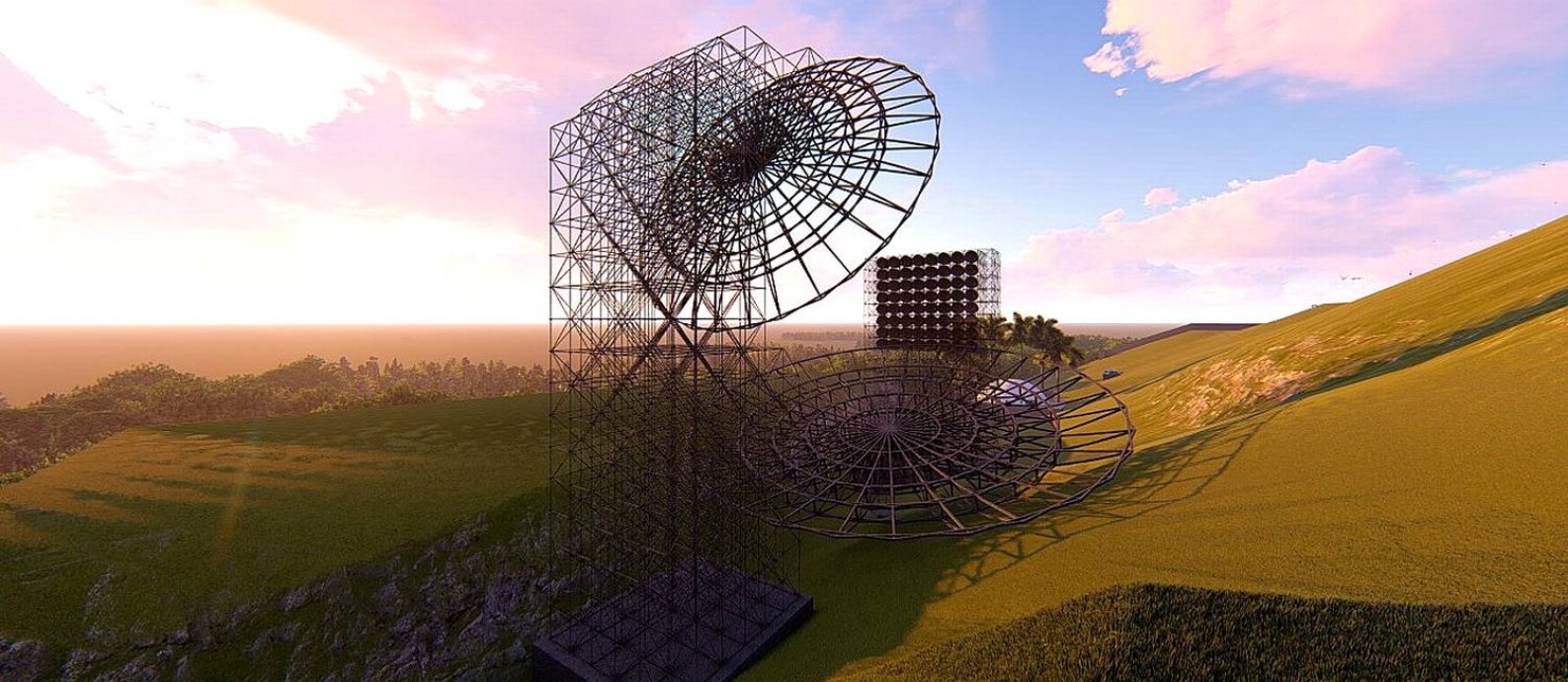 Modelo digital do rádiotelescópio BINGO, com "espelhos" de 38m e 45m de diâmetro e torre com antenas ao fundo. Foto: IF-USP/Divulgação