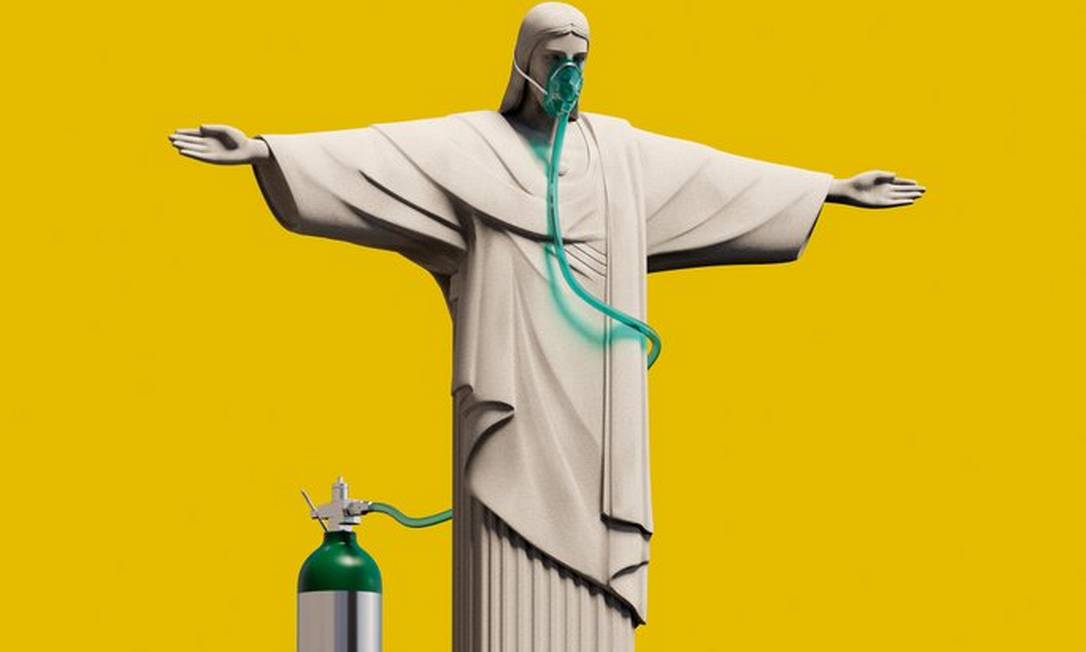 Capa da revista 'The Economist' de junho de 2021 traz desenho do Cristo Redentor usando máscara de oxigênio Foto: Reprodução