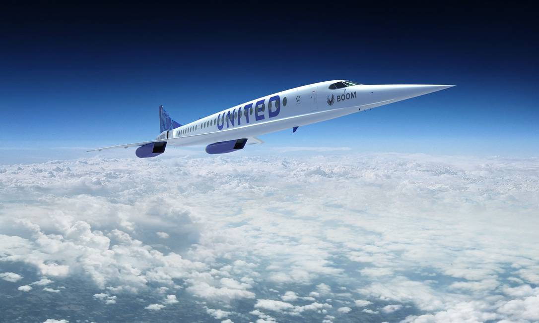 
O avião da Boom com a logomarca da United: companhia americana fecha encomenda de jatos para usar novos jatos a partir de 2029. Autorização para voar ainda precisa ser aprovada
Foto:
-
/
AFP/Divulgação Boom Supersonic
