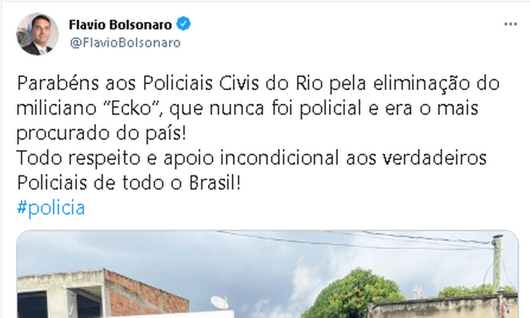 Post do senador Flávio Bolsonaro após operação policial no Rio que resultou na morte do miliciano Ecko Foto: Reprodução