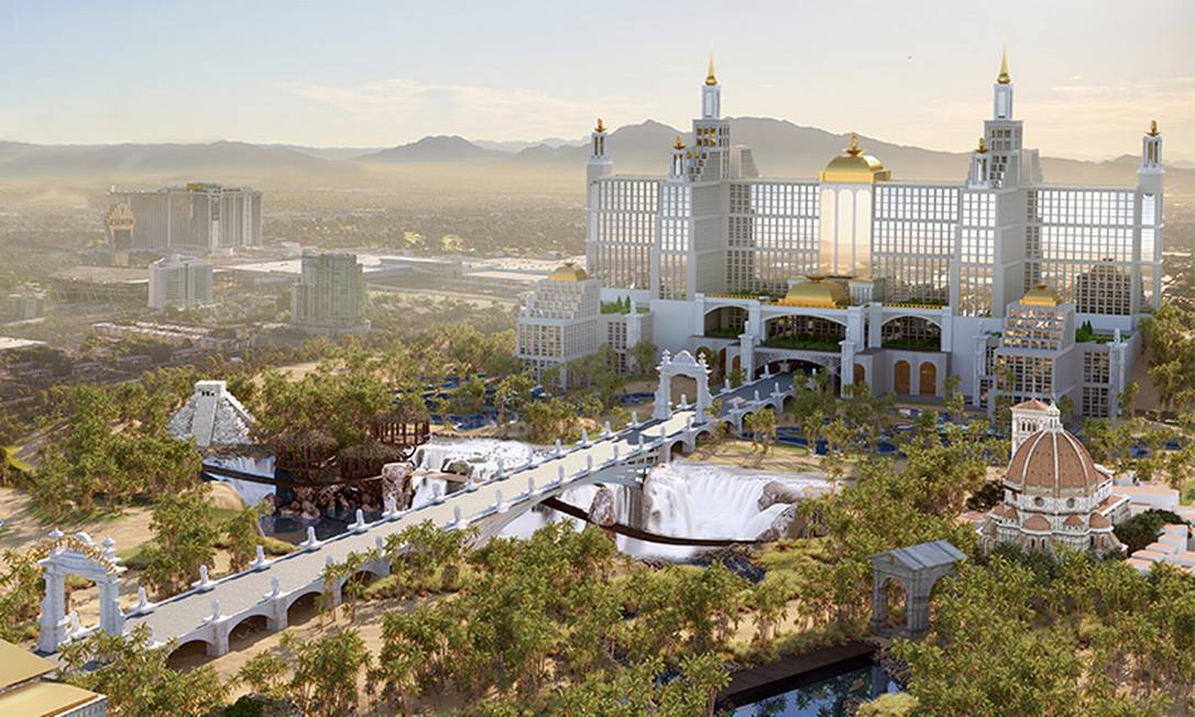 O desenho mostra como seria o resort Desert Kingdom, previsto para ser um dos maiores de Las Vegas nos anos 1990, mas que nunca saiu do papel Foto: Divulgação