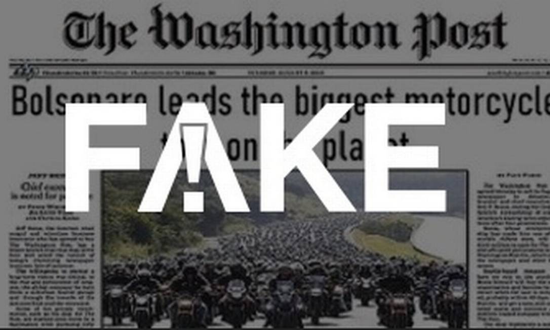 É #FAKE capa do Washington Post com manchete dizendo que Bolsonaro lidera maior passeio de motos do planeta Foto: Reprodução