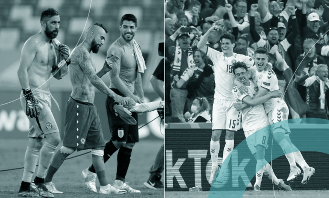 Claudio Bravo, Vidal e Suarez deixam Arena Pantanal vazia após empate de Chiile e Uruguai, e Dinamarca celebra com torcedores no Parken Stadium / Crédito: Silvio Avila e Wolfgang Rattay  / AFP e Reuters