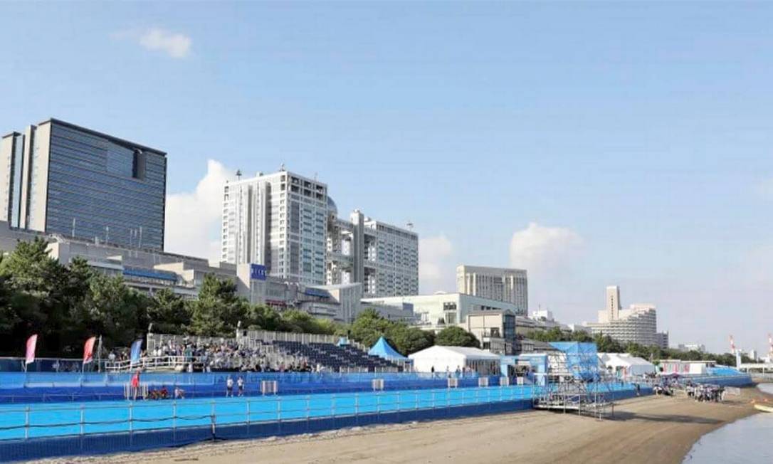 O Parque Marinho de Odaíba é uma instalação temporária para abrigar as modalidades de maratona aquática e triatlo. Pode receber até 5.500 pessoas Foto: Divulgação