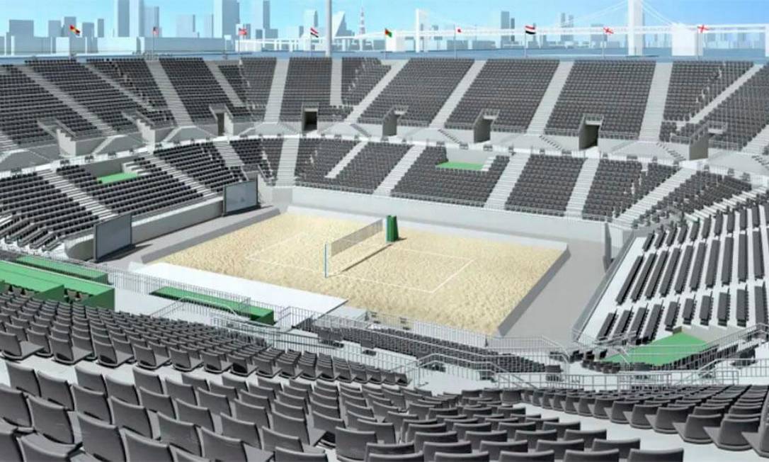 Com vista para a icônica Ponte Arco-Íris de Tóquio, o Parque Shiokaze conta com uma instalação temporária montada para o vôlei de praia. Sua capacidade é de 12 mil pessoas Foto: Divulgação