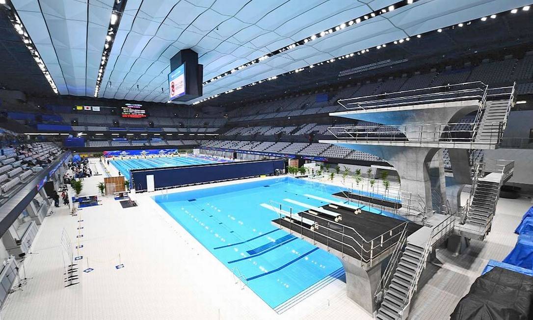 Recém-construído, o Centro Aquático de Tóquio vai sediar as provas de natação, nado sincronizado e saltos ornamentais. Possui capacidade para 15 mil pessoas Foto: Divulgação