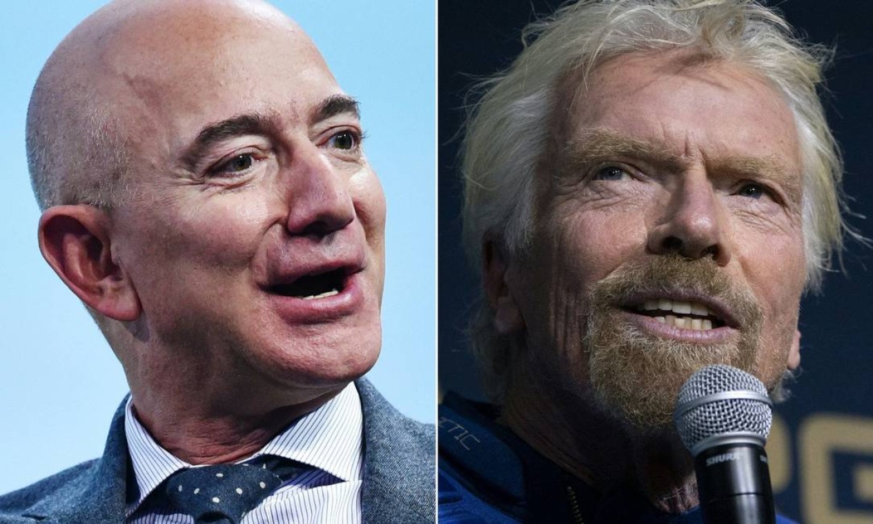 Os bilionários Jeff Bezos (à esq.) e Richard Branson (à dir.) minimizam que haja uma disputa espacial entre eles Foto: AFP