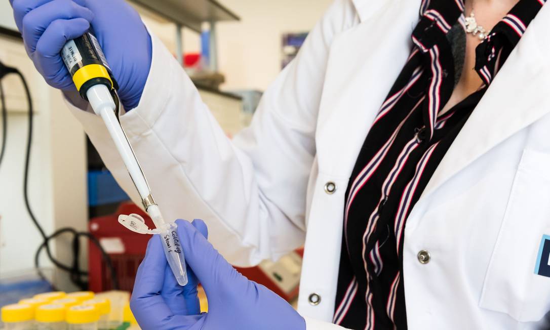 Profissional de saúde usa uma pipeta durante os testes de detecção de amostras de pacientes com coronavírus nos laboratórios de pesquisa de virologia do hospital universitário UZ Leuven em Leuven, Bélgica, em 28 de fevereiro de 2020 Foto: Geert Vanden Wijngaert/Bloomberg