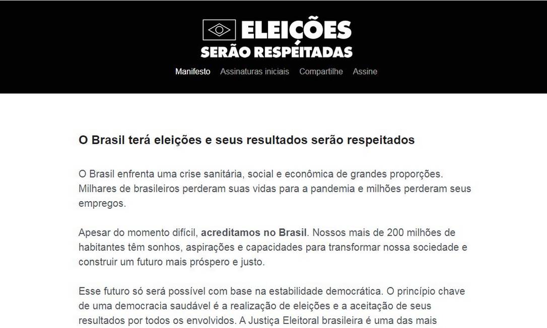 Site do manifesto 'Eleições serão respeitadas' Foto: Reprodução