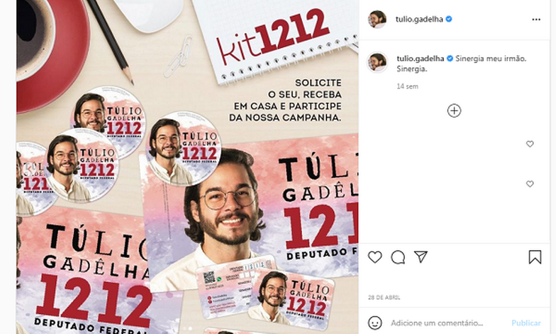 Túlio Gadelha fez post com o número de campanha 1212 após Juliette ganhar prova de sorte no BBB Foto: Reprodução/Instagram