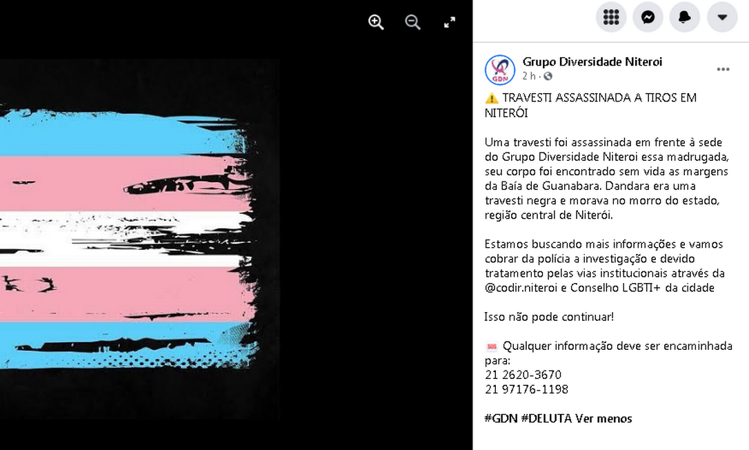 Grupo Diversidade Niterói repudiou crime contra travesti Foto: Facebook / Reprodução