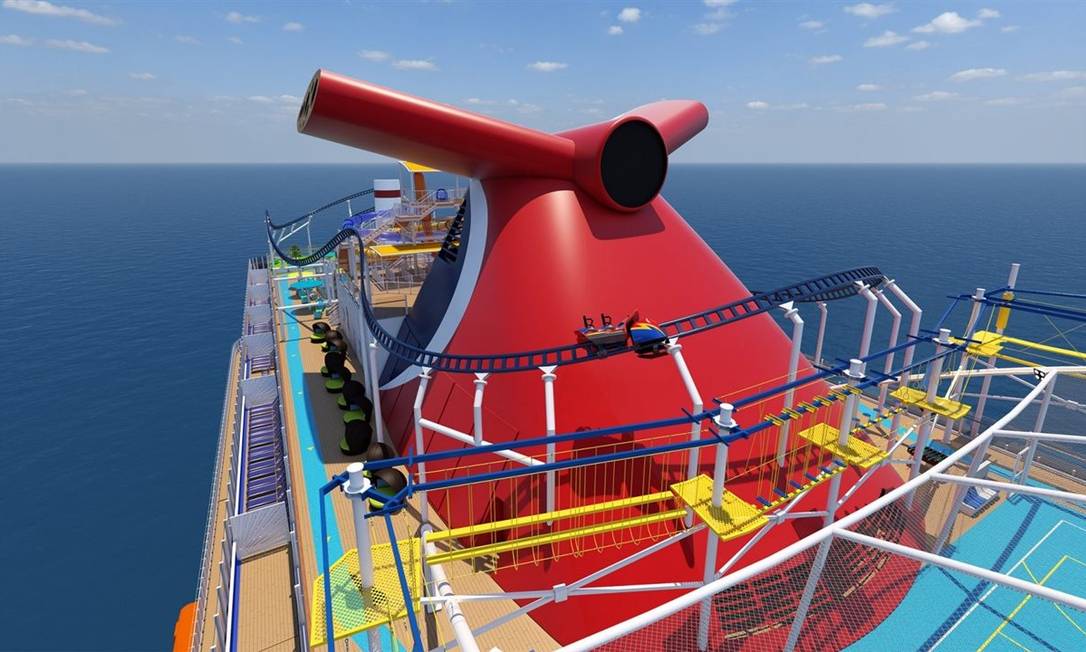 Montanha-russa Bolt, a primeira num navio de cruzeiros, é a grande atração do novo navio Mardi Gras, da Carnival Cruise Line Foto: Carnival Cruise Line / Divulgação