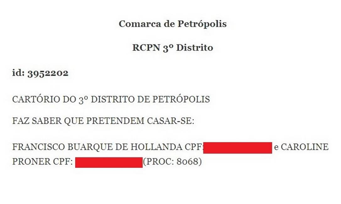 Intenção de casamento foi registrada no "Diário de Justiça do Rio de Janeiro" no dia 19 de agosto Foto: Reprodução
