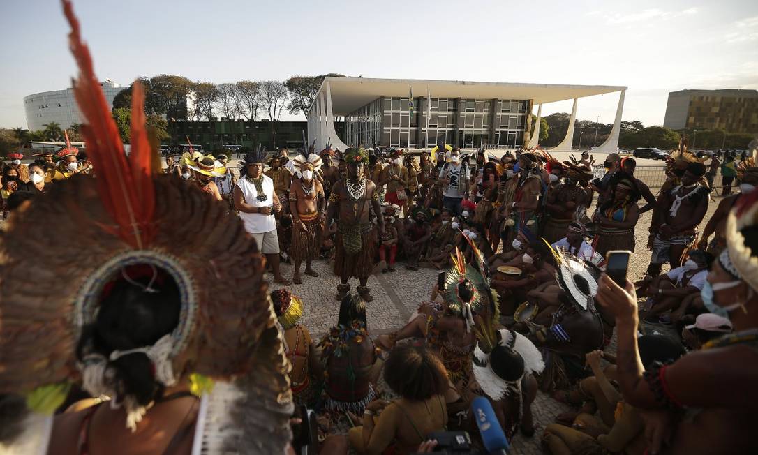 Mobilização de povos indígenas em Brasília contra o 'marco temporal' Foto: Cristiano Mariz / Agência O Globo