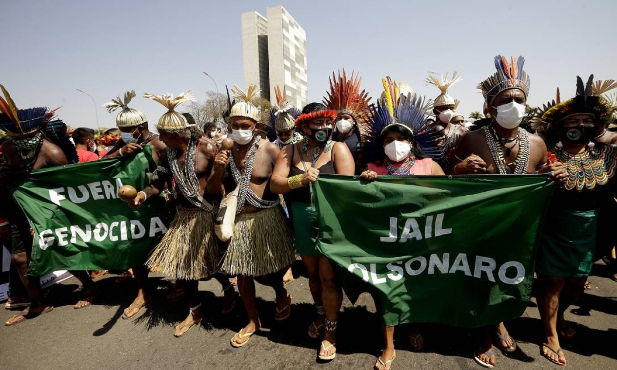 Grupos indígenas realizaram ato contra o "Marco Temporal", cujo julgamento aconteceria na quinta (26), no STF Foto: Cristiano Mariz / Agência O Globo - 27/08/2021