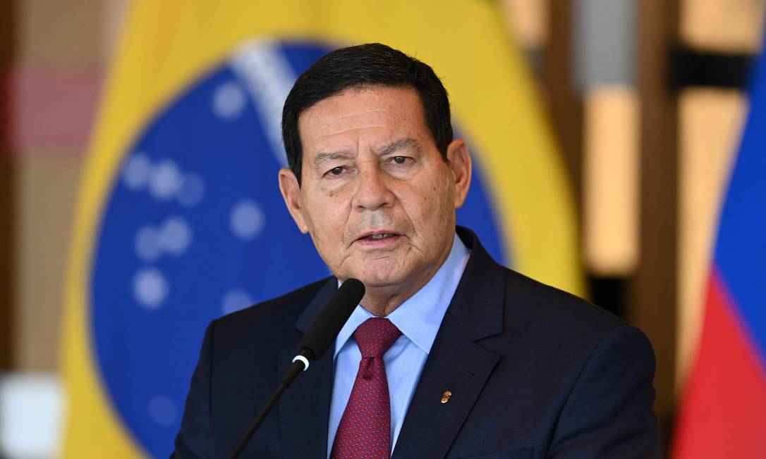 O vice-presidente Hamilton Mourão, durante pronunciamento no Itamaraty Foto: Evaristo Sá/AFP/12-08-2021