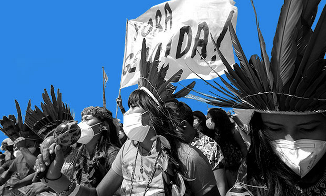 Povos indígenas protestam em Brasília contra aprovação da tese do Marco Temporal Foto: Montagem / com foto de Cristiano Mariz / Agência O GLOBO