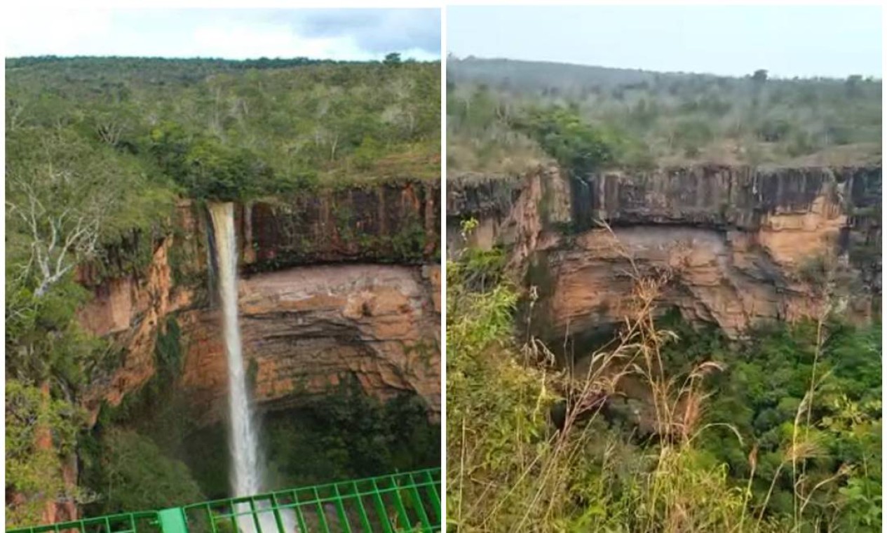 Crise hídrica Cachoeira Véu de Noiva, em Mato Grosso, fica praticamente seca devido à estiagem Crise hídrica Cachoeira Véu de Noiva, em Mato Grosso, fica praticamente seca devido à estiagem