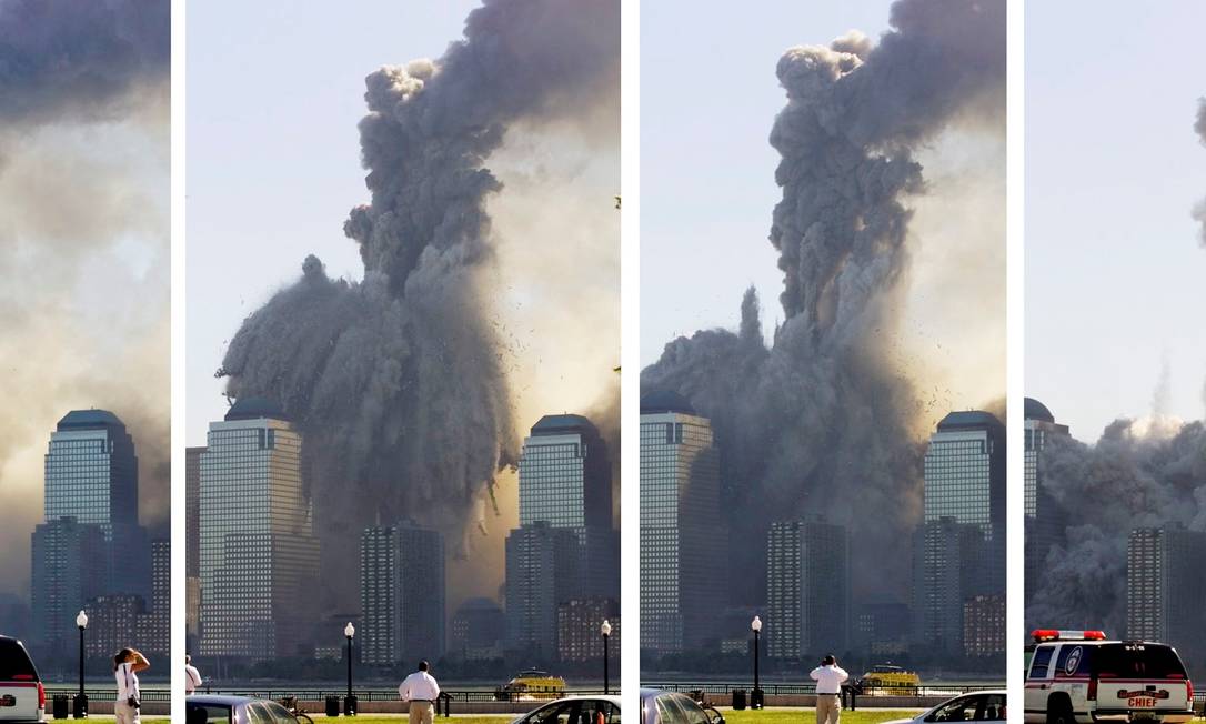 Sequência de fotos feitas do outro lado do Rio Hudson, em Jersey City, Nova Jersey, mostra a primeira torre do World Trade Center desabando Foto: Ray Stubblebine / Reuters