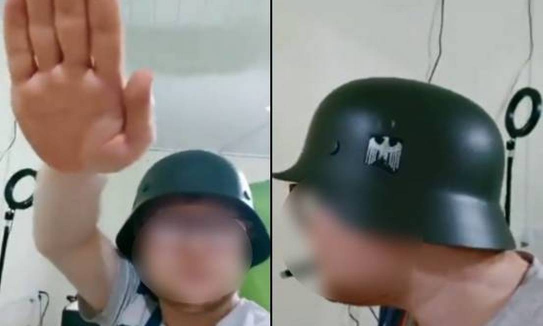 Homem exibiu capacete e fez saudação nazista em vídeo Foto: Reprodução