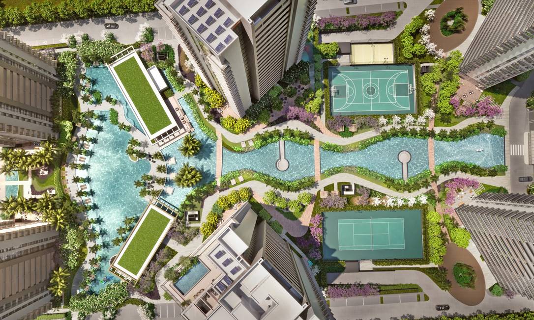 Área comum conta com academia com gestão desportiva da Cia Athletica, spa administrado pela L’Occitane, quadras de esporte e piscinas Foto: Divulgação