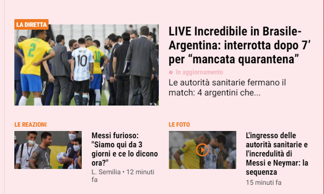 Gazzetta dello Sport: 'Inacreditável em Brasil x Argetina: interrompido após 7 minutos por falta de quarentena' Foto: Reprodução